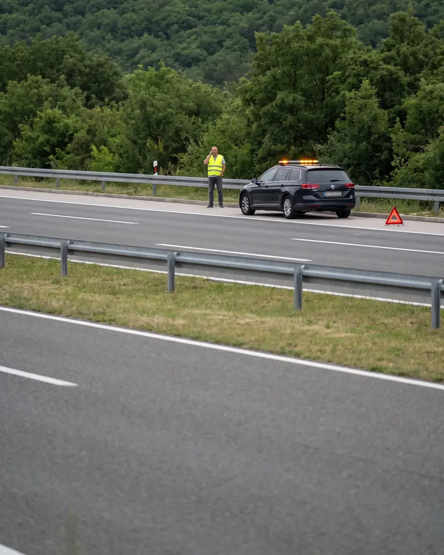 Vozač u reflektirajućem prsluku zove pomoć iza zaštitne ograde autoceste, vozilo stoji na zaustavnom traku