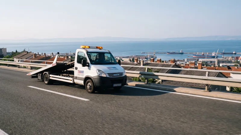 Vučno vozilo na riječkoj obilaznici s pogledom na luku i Kvarner