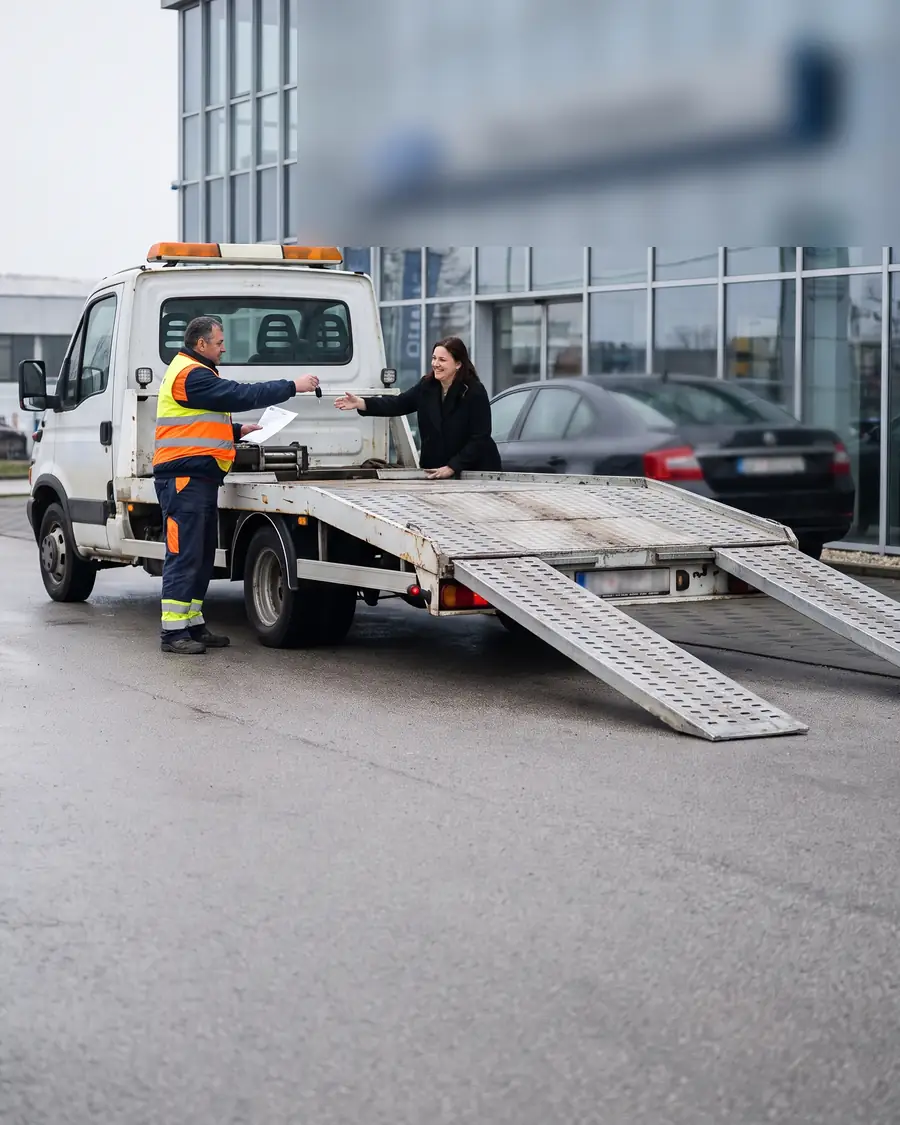 Vozač vučne službe predaje ključ vlasnici automobila nakon prijevoza do Zagreba