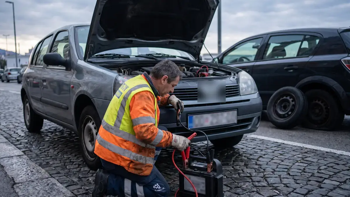 Djelatnik pomoći na cesti spaja booster na akumulator automobila u riječkoj ulici