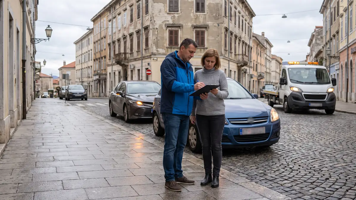 Dva vozača nakon manje prometne nezgode zajedno ispunjavaju europsko izvješće na pločniku u Rijeci