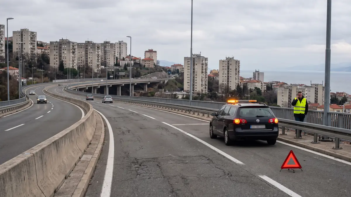 Pokvareni automobil s uključenim žmigavcima i trokutom na ugibalištu riječke obilaznice, vozač iza zaštitne ograde